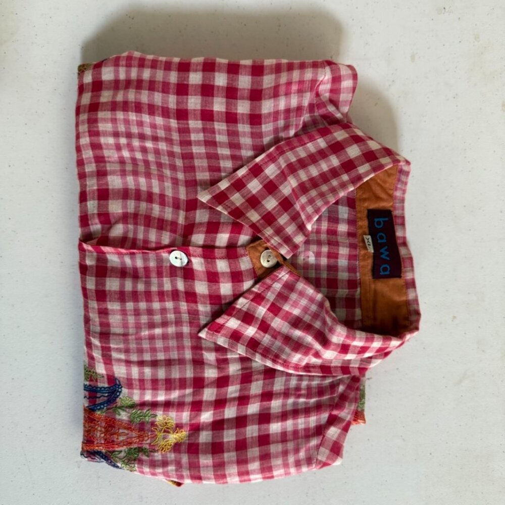 Red & White Sheer Button-Up men’s Shirt by Alpana Bawa with Embroidery - Picture 7 of 7